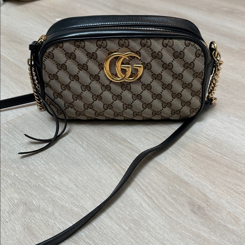 Gucci Marmont black leather, gold & monogram GG crossbody